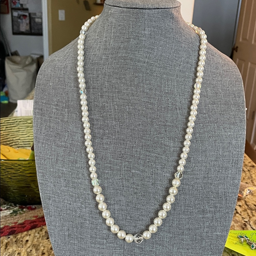 Classic Faux Pearl Bead Necklace - White Faux Pearls and Clear Beads
